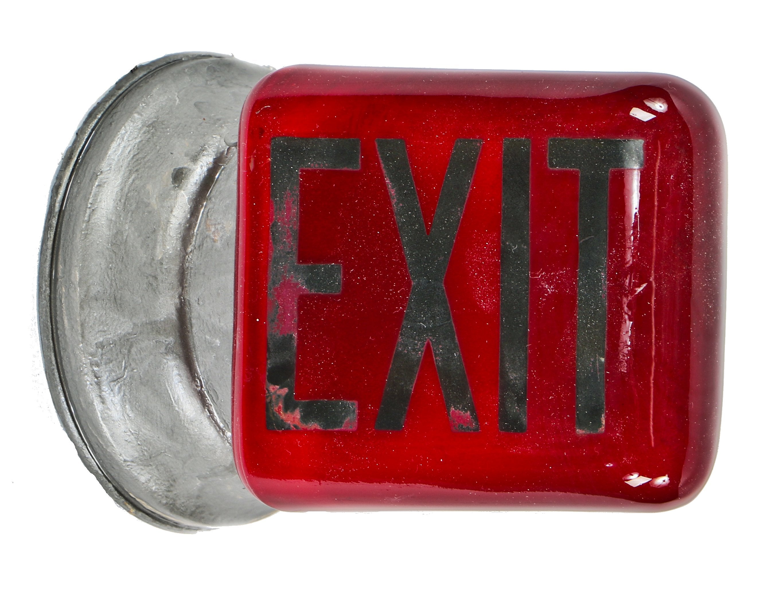 original c. 1930's american depression era ruby red glass double-sided wedge type illuminated exit light wall sconce with baked-on black enameled lettering