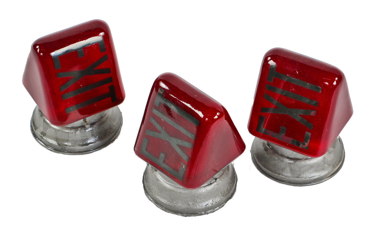 single american depression era ruby red glass double-sided illuminated wedge-shaped exit light wall sconce with spun steel shade fitter and socket