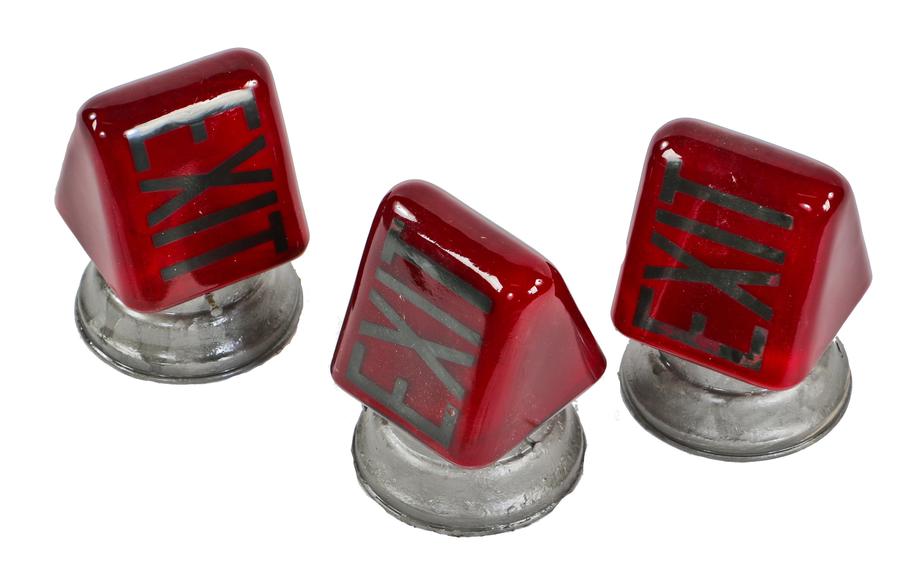 original c. 1930's american depression era ruby red glass double-sided wedge type illuminated exit light wall sconce with baked-on black enameled lettering