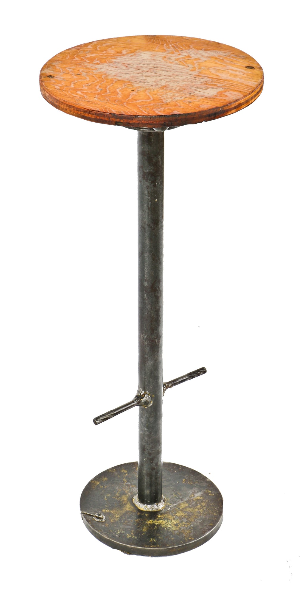 unique c. 1930's american industrial freestanding refinished finkl & sons gantry crane cab operator's stationary stool with circular-shaped wood seat and footrest