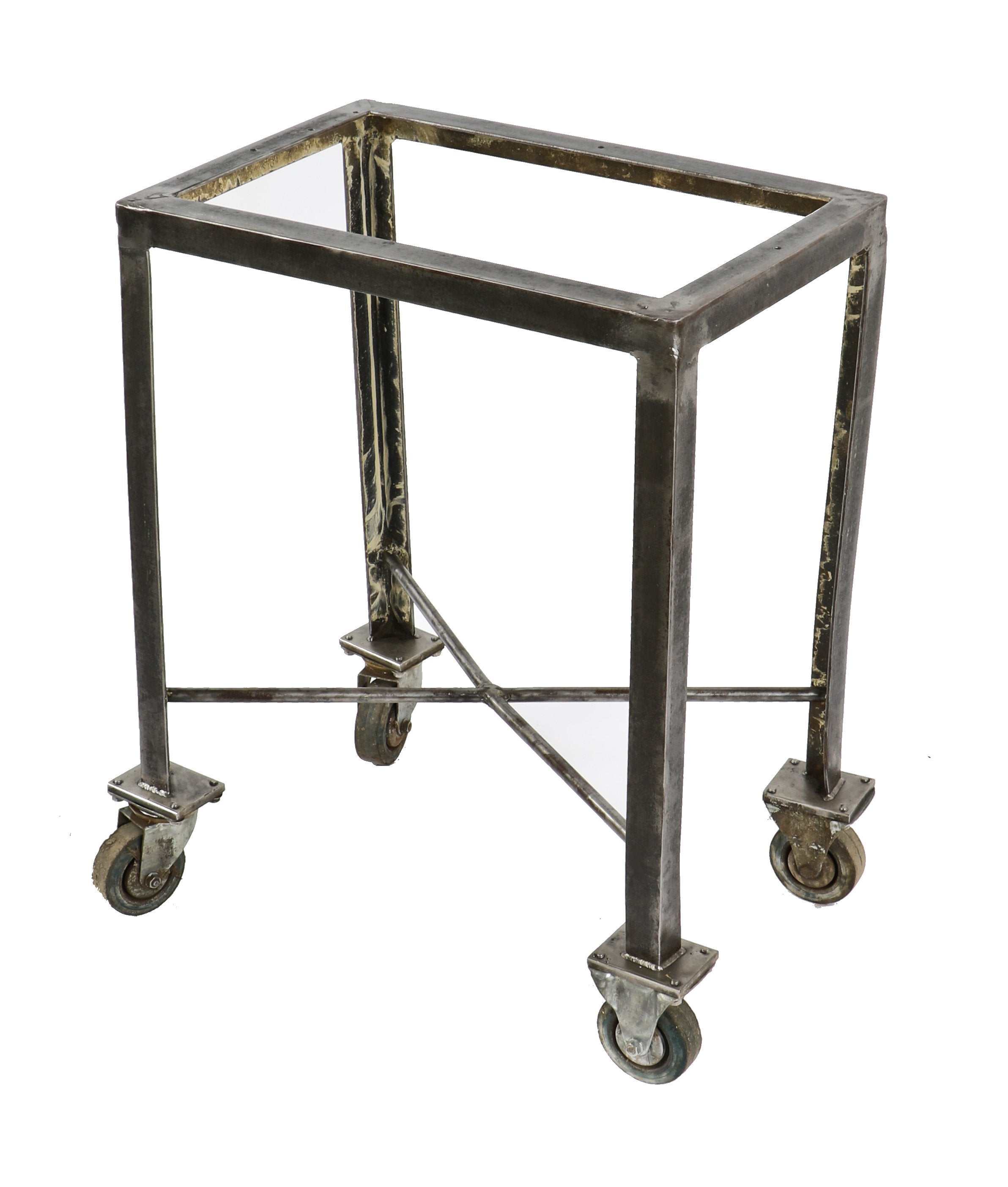 repurposed c. 1930's depression era american industrial all welded joint four-legged mobile shop cart with newly added old growth oak wood tabletop