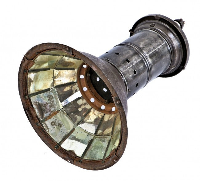 very rare original early 20th century antique american industrial oversized early electric incandescent rolled iron factory pendant light with intact sectional silver-plated mirror reflectors