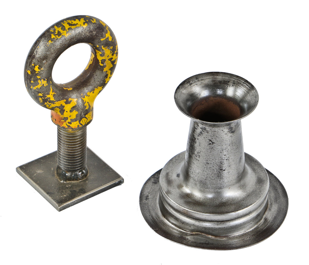 one of several original matching lightweight c. 1930's antique american industrial conical shaped pressed and folded steel foundry bonnets with a brushed metal finish