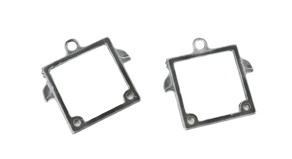 two matching c. 1940's vintage industrial removable lightweight cast iron hanging diminutive filtration brackets salvaged from a general electric foundry device