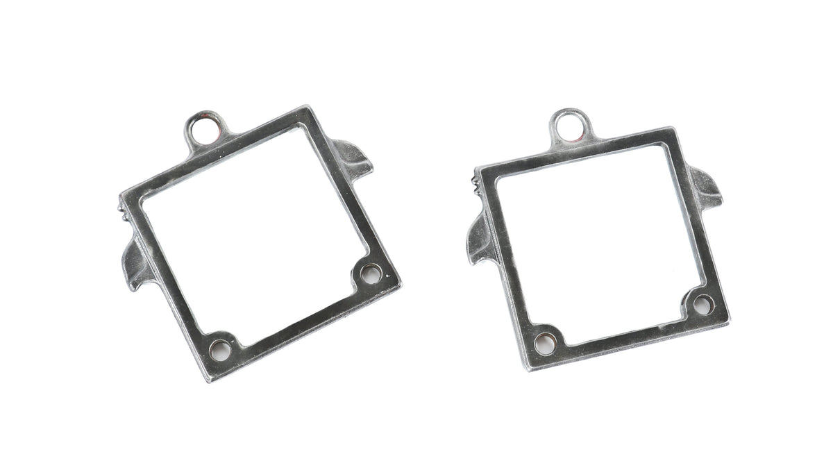 two matching c. 1940's vintage industrial removable lightweight cast iron hanging diminutive filtration brackets salvaged from a general electric foundry device