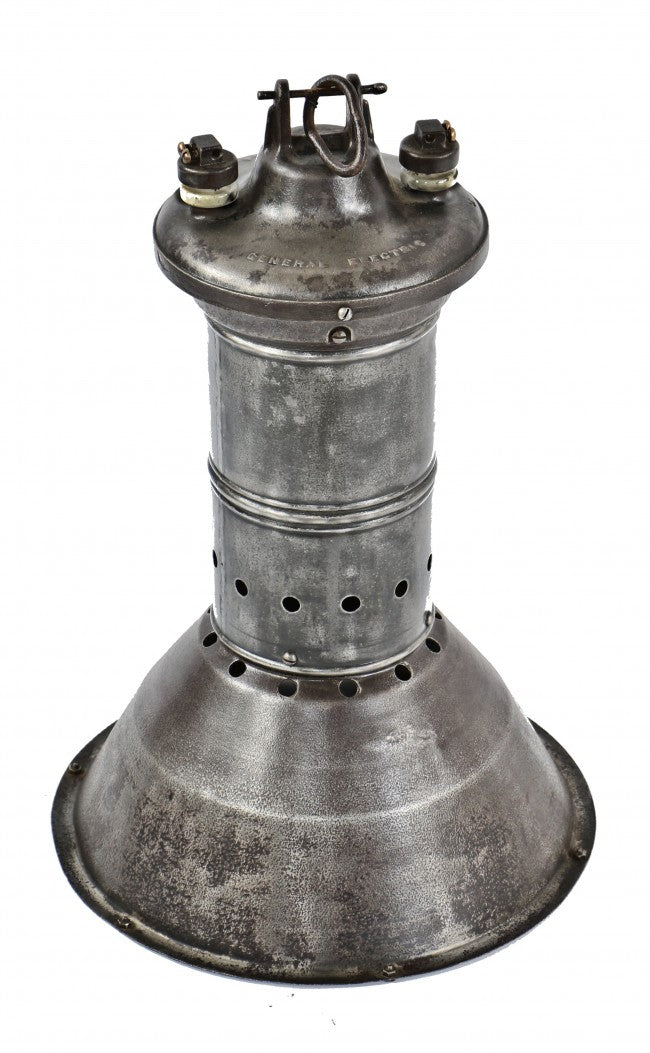 rare original early 20th century antique american industrial oversized early electric incandescent rolled iron factory pendant light with intact sectional silver-plated mirror reflectors