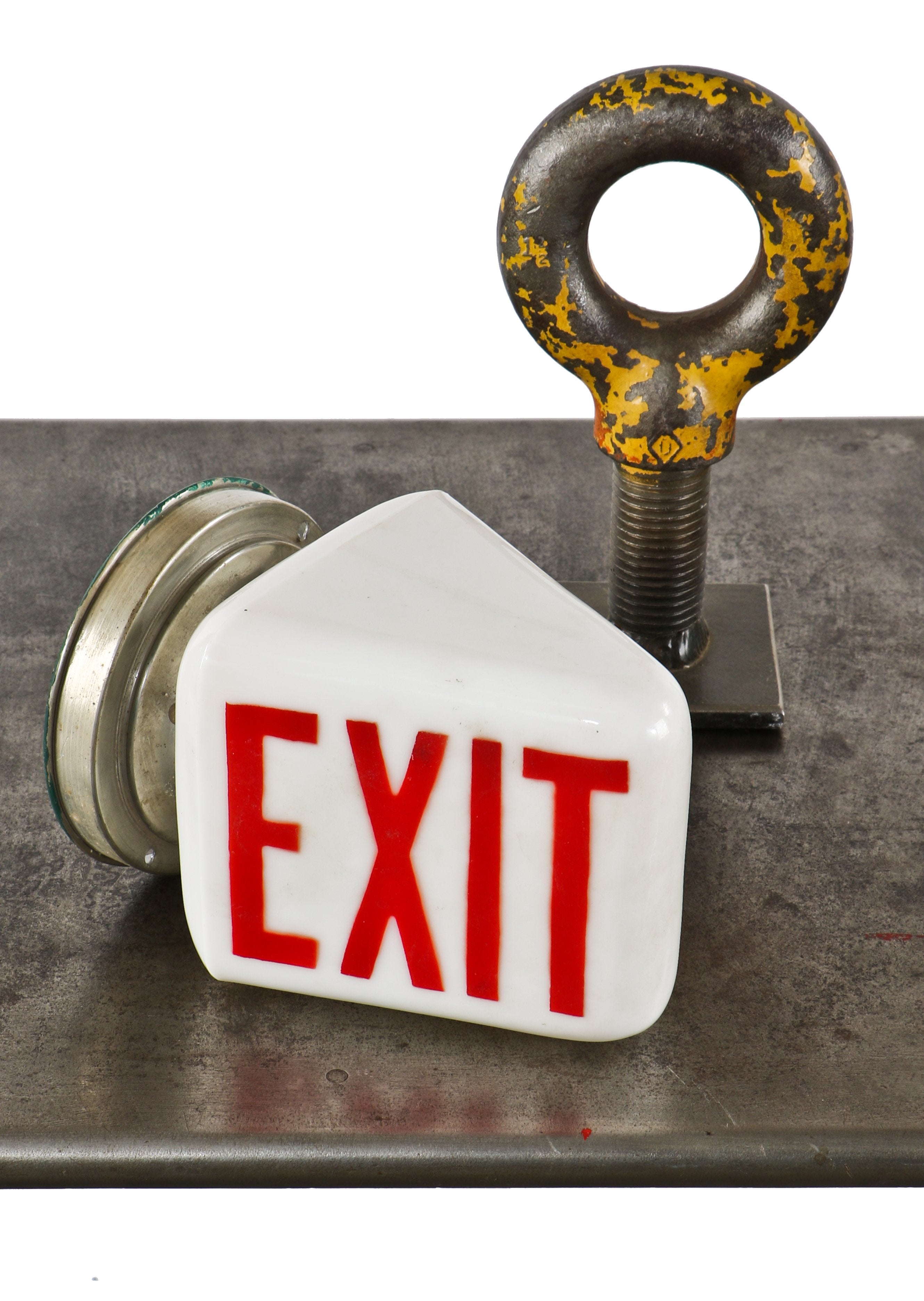 original c. 1930's american industrial commercial building double-sided robust pressed "milk glass" illuminated exit light fixture with original spun steel fitter