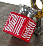 original depression era canadian interior commercial building "sortie" four-sided ruby red glass exit light with intact chrome plated steel shade fitter