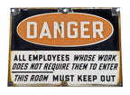 original and remarkably intact early 1930's salvaged chicago antique american industrial cold-rolled steel danger or cautionary single-sided "must keep out" factory machine room sign with steel grommets