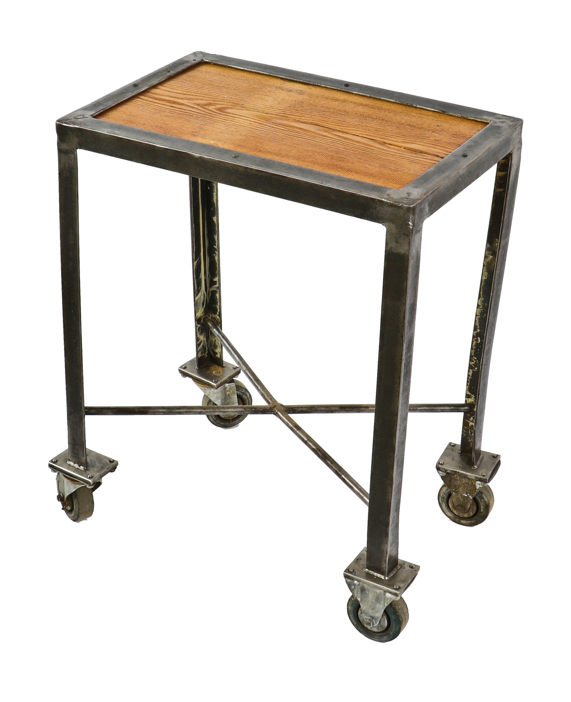 repurposed c. 1930's depression era american industrial all welded joint four-legged mobile shop cart with newly added old growth oak wood tabletop