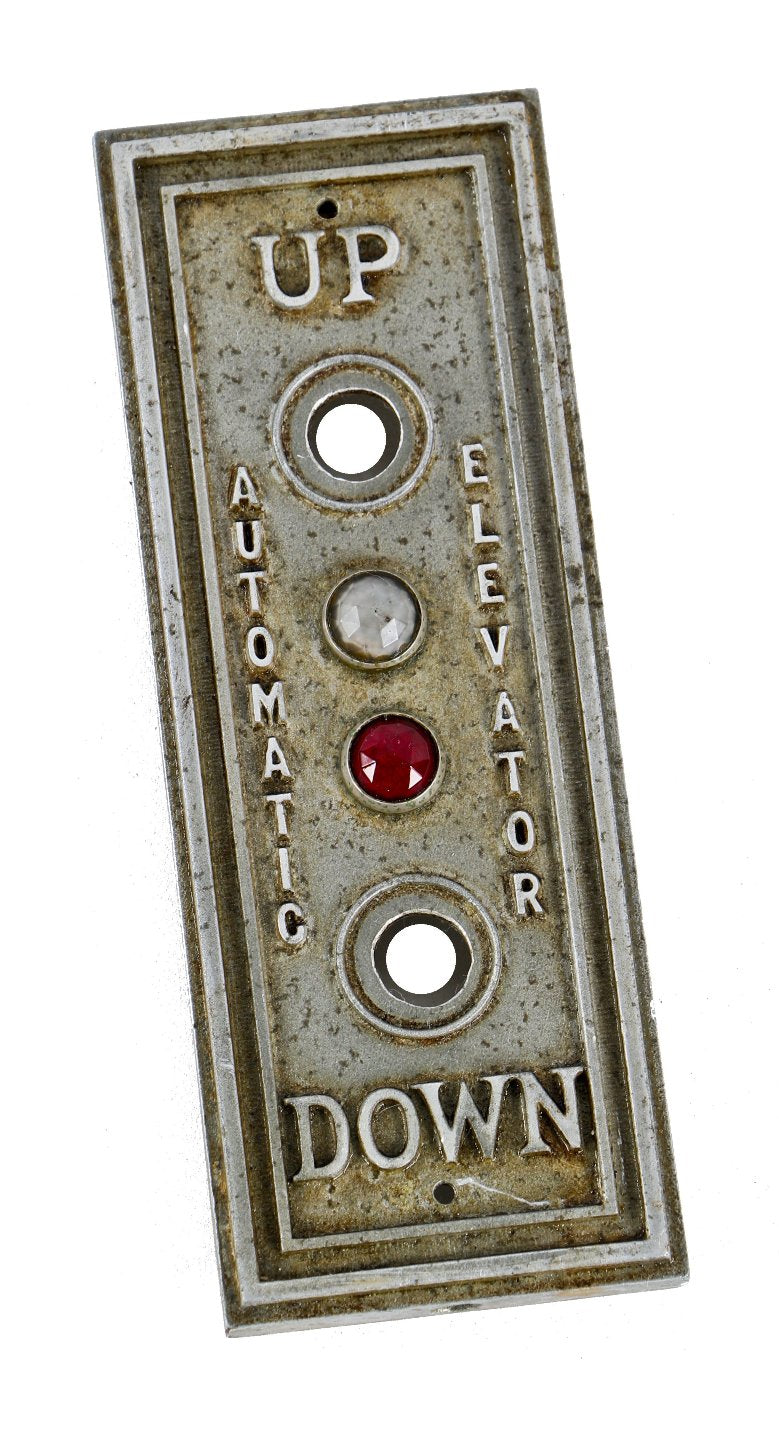 original and largely intact single art deco style new york city apartment building cast aluminum "automatic elevator" push button surface mount plaque with jewels