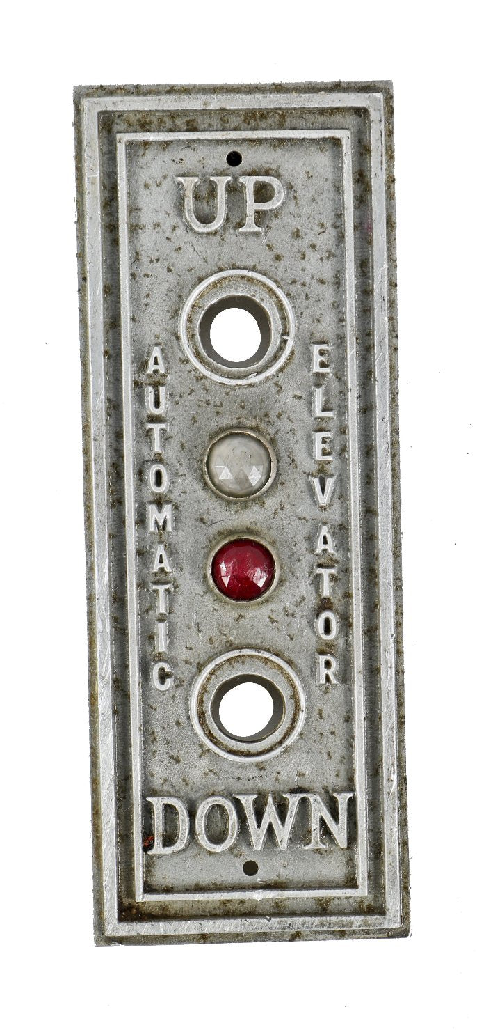 one of two matching original cast aluminum american art deco flush mount high rise "automatic elevator" cab call push button backplate with faceted jewels