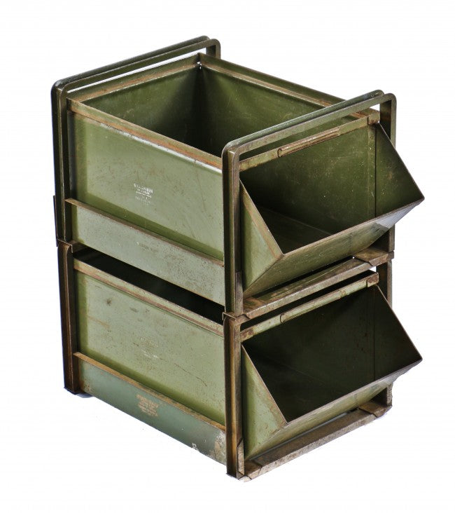 c. 1940's vintage american industrial freestanding low-lying baked on army green enameled heavy gauge steel double "hopper" unit with self-supporting rack