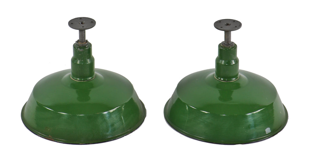 pair of original c. 1920's antique american industrial "abolite" green porcelain enameled chicago warehouse pendant light fixtures with steel pipe and flanges