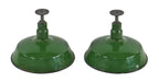 pair of original c. 1920's antique american industrial "abolite" green porcelain enameled chicago warehouse pendant light fixtures with steel pipe and flanges