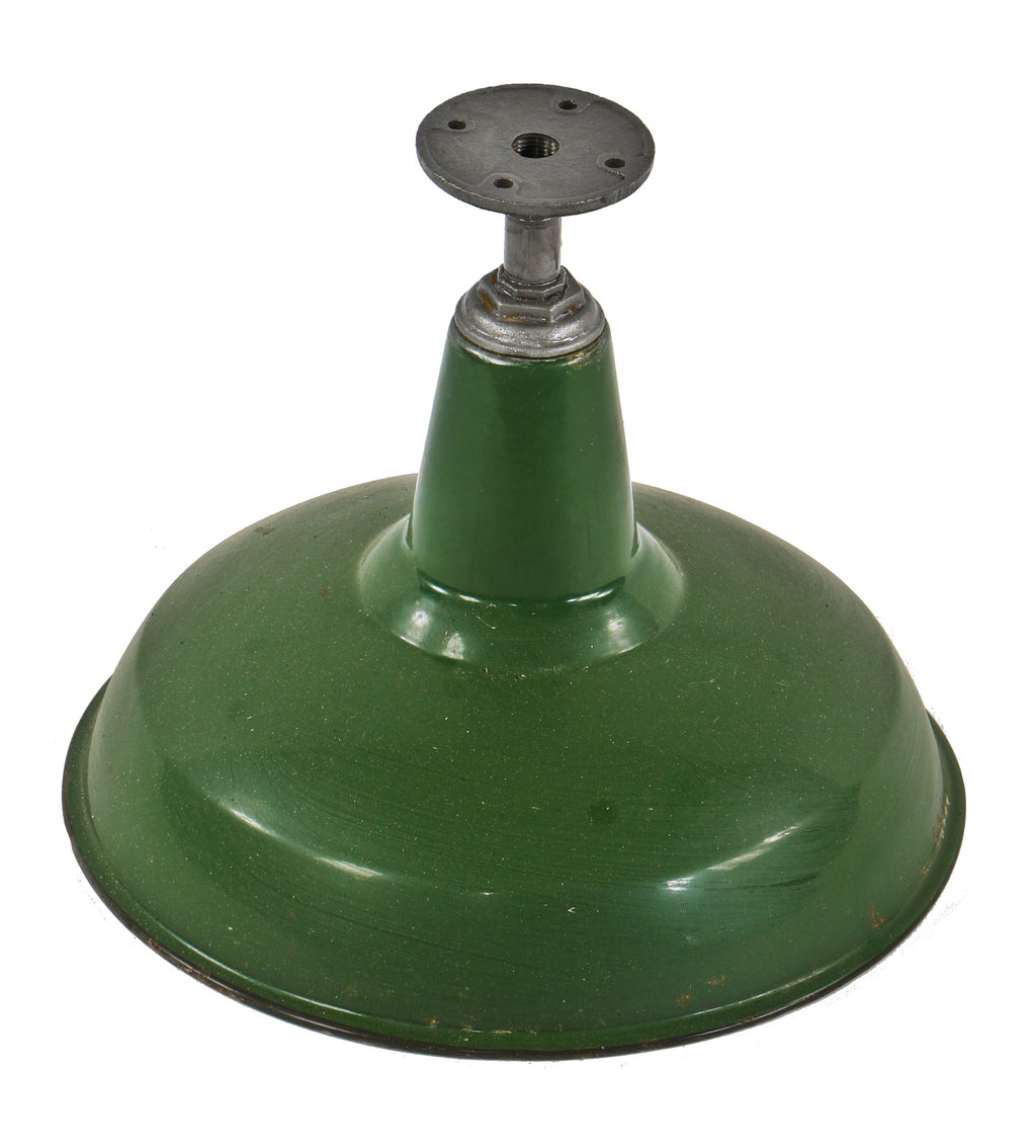 one of several all original green porcelain enameled depression era antique american industrial pendant light fixtures with detachable steel stem and iron canopy