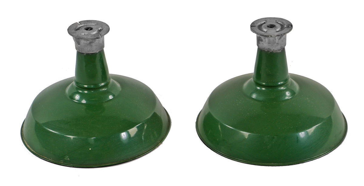 two matching all original and completely intact green porcelain enameled american industrial flush mount foundry building reflectors with cast aluminum housing
