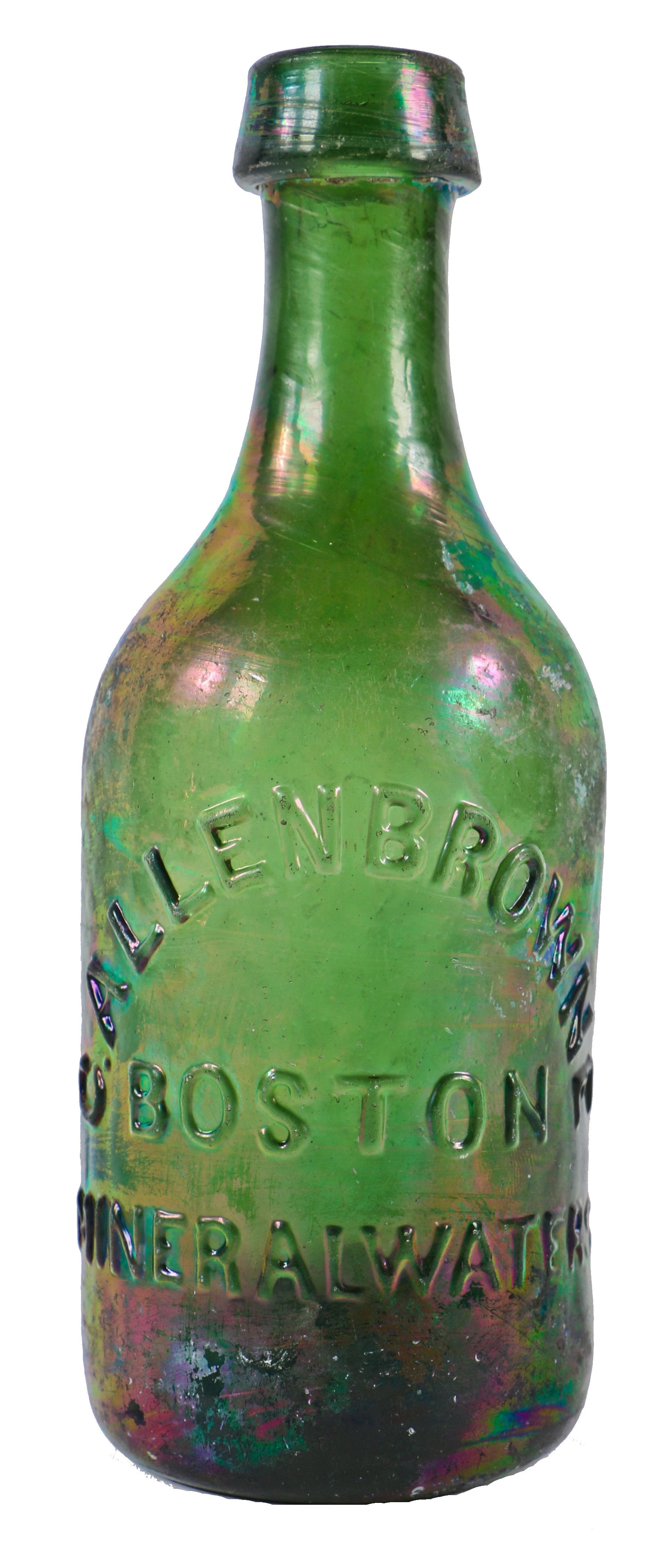late 1840's original emerald green glass privy dug c. allen browne mineral waters antique american iron-pontiled soda bottle with applied tapered lip