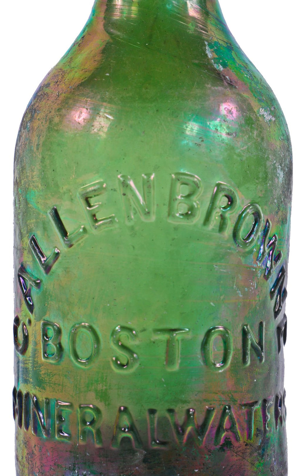 late 1840's original emerald green glass privy dug c. allen browne mineral waters antique american iron-pontiled soda bottle with applied tapered lip