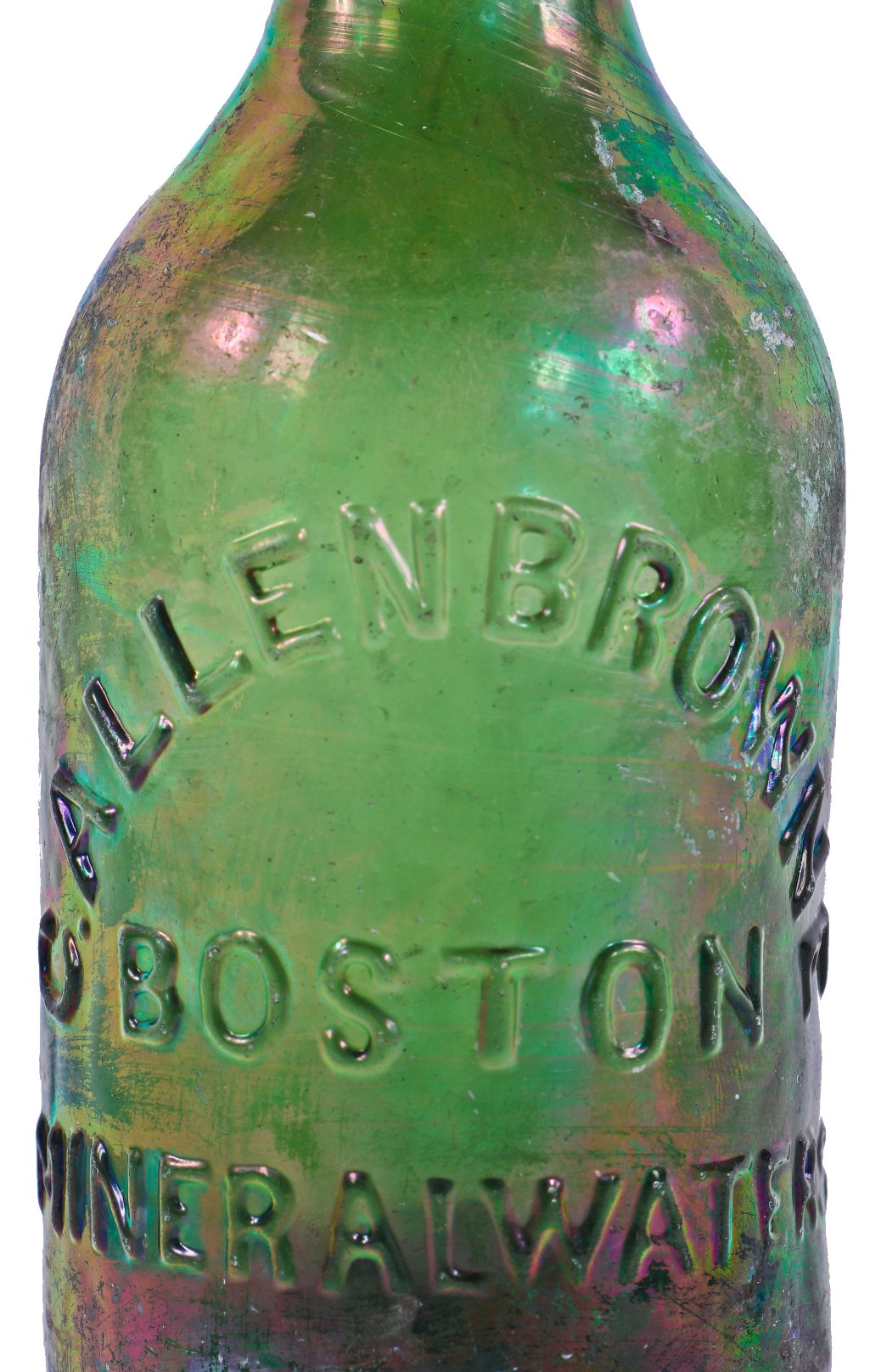 late 1840's original emerald green glass privy dug c. allen browne mineral waters antique american iron-pontiled soda bottle with applied tapered lip