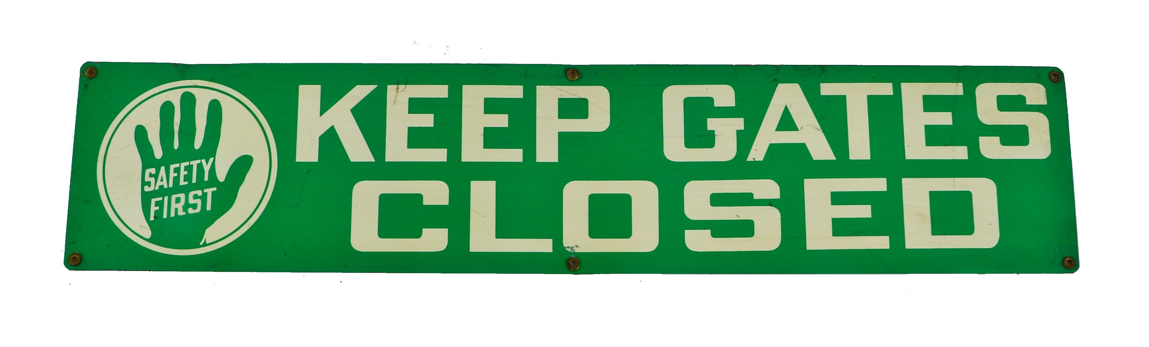 original late 1930's american antique industrial rectangular-shaped die cut steel "keep gates closed" die cut steel safety first sign from an a. finkl foundry outbuilding