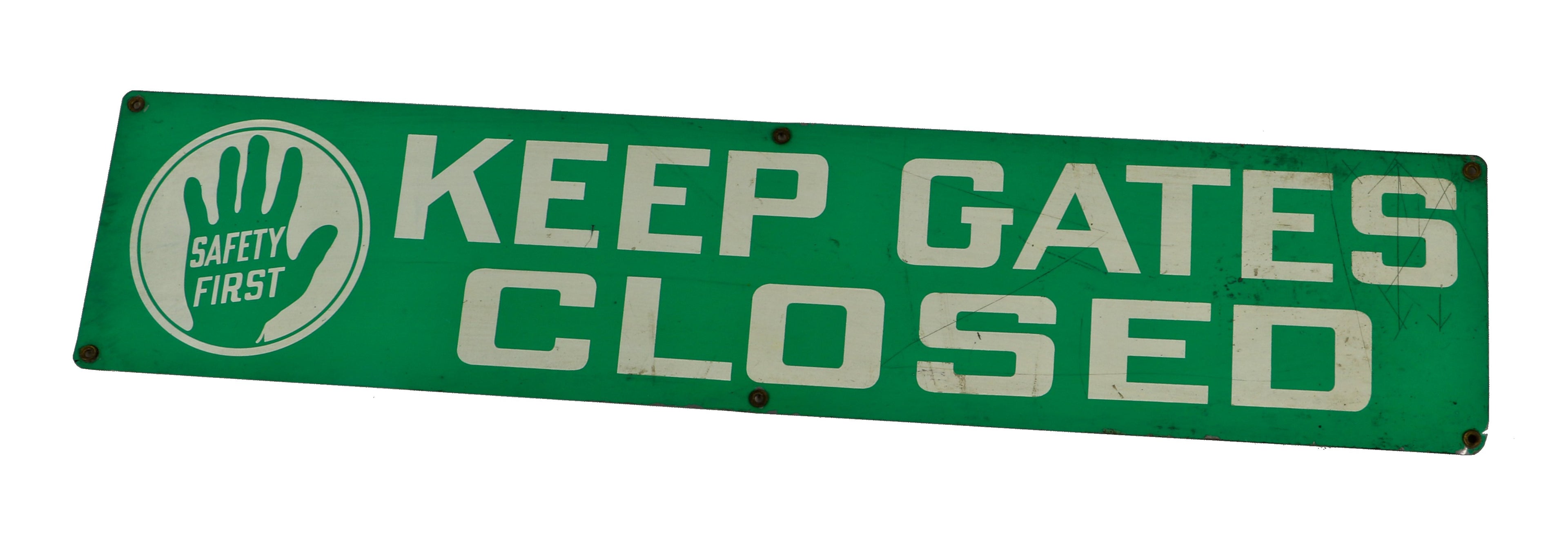 original single-sided baked-on green enameled "keep gates closed" safety first sign salvaged from a standard oil (of indiana) factory