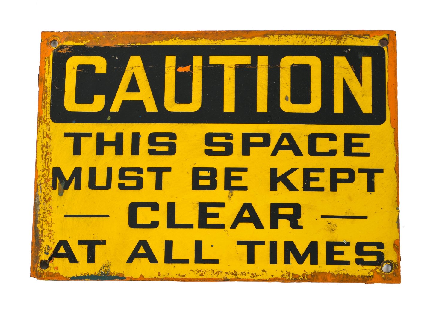 original brightly colored single-sided american industrial finkl foundry cautionary "space must be kept clear" interior flush mount sign with surface wear evident
