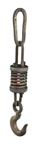 single oversized depression-era american industrial weathered and worn a. finkl & sons gantry crane solid steel lifting hook with robust suspension coil