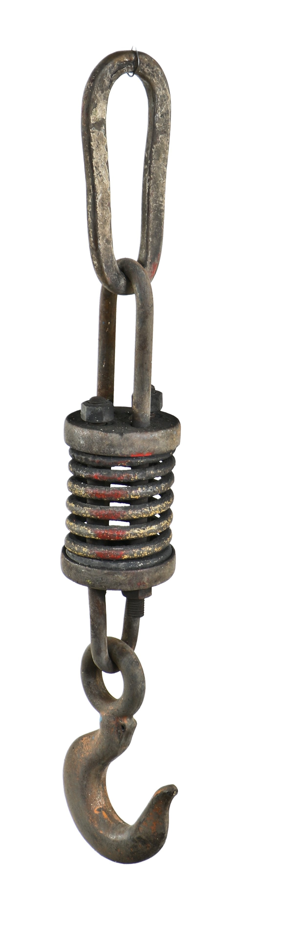 single oversized depression-era american industrial weathered and worn a. finkl & sons gantry crane solid steel lifting hook with robust suspension coil