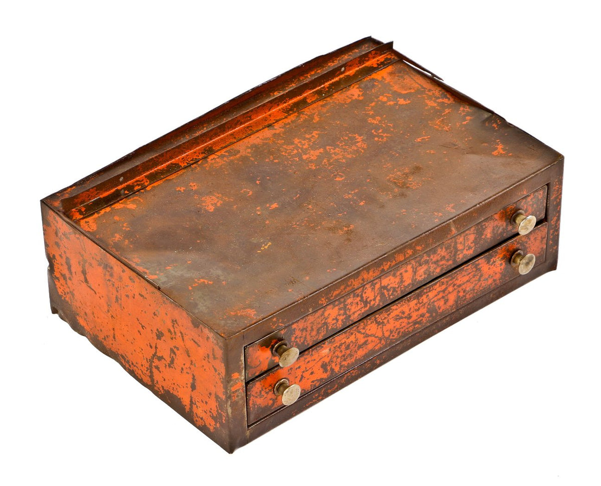 all original and nicely weathered c. 1930's american industrial cold-rolled pressed and folded steel benchtop two-drawer storage cabinet with intact brass knob pulls