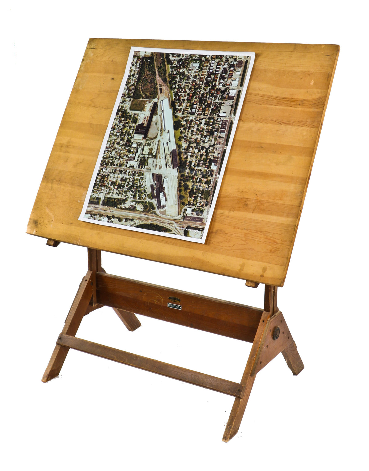 original c. 1940's american industrial heavy duty cast iron crank wheel adjustable drafting table salvaged from the st. louis word war ii-era ordnance plant