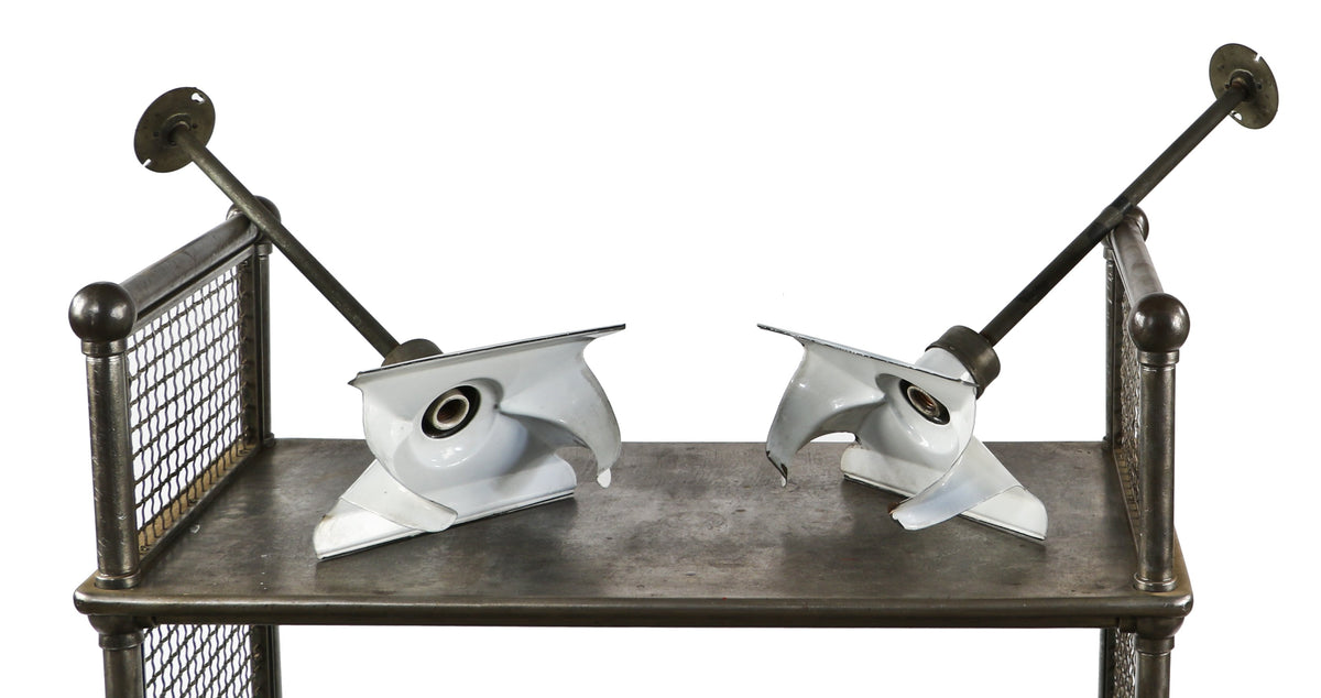 two matching all original and intact american industrial white porcelain enameled goodrich factory pendant light fixtures with cold-rolled steel reflectors
