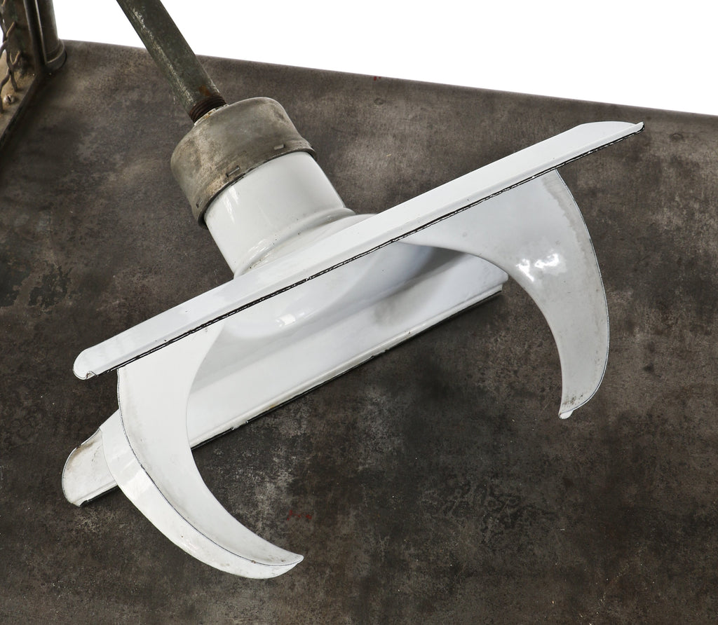 single all original and intact early 1940's standard oil of indiana factory building white porcelain enameled pendant light with threaded pipe stem and ceiling cap