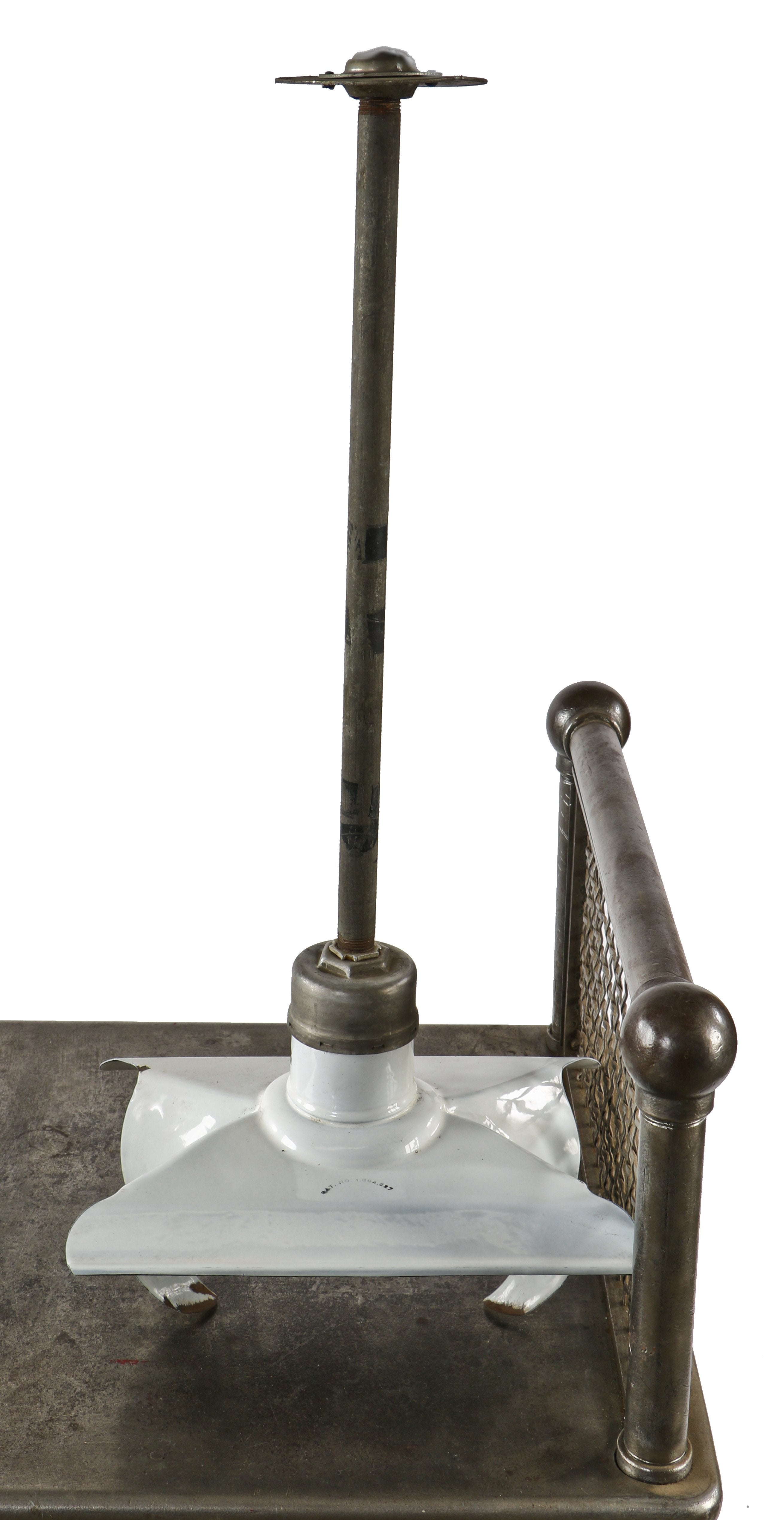 completely intact and fully functional early 1940's uniquely-shaped white porcelain enameled goodrich factory pendant light with swivel-joint canopies