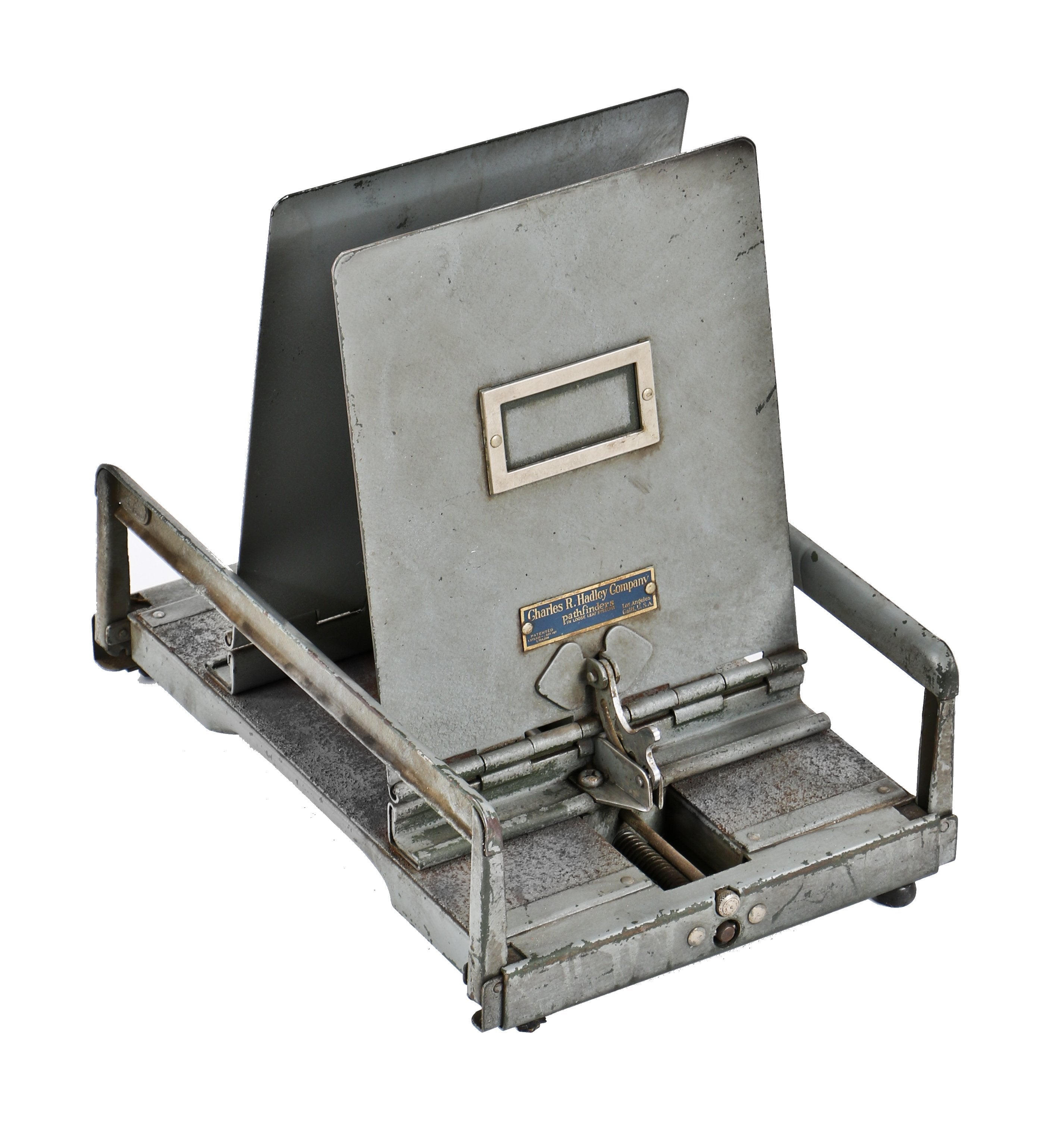 fully adjustable c. 1930's vintage american industrial a. fink & sons heavy duty robust gun metal gray enameled looseleaf accounting system file organizer