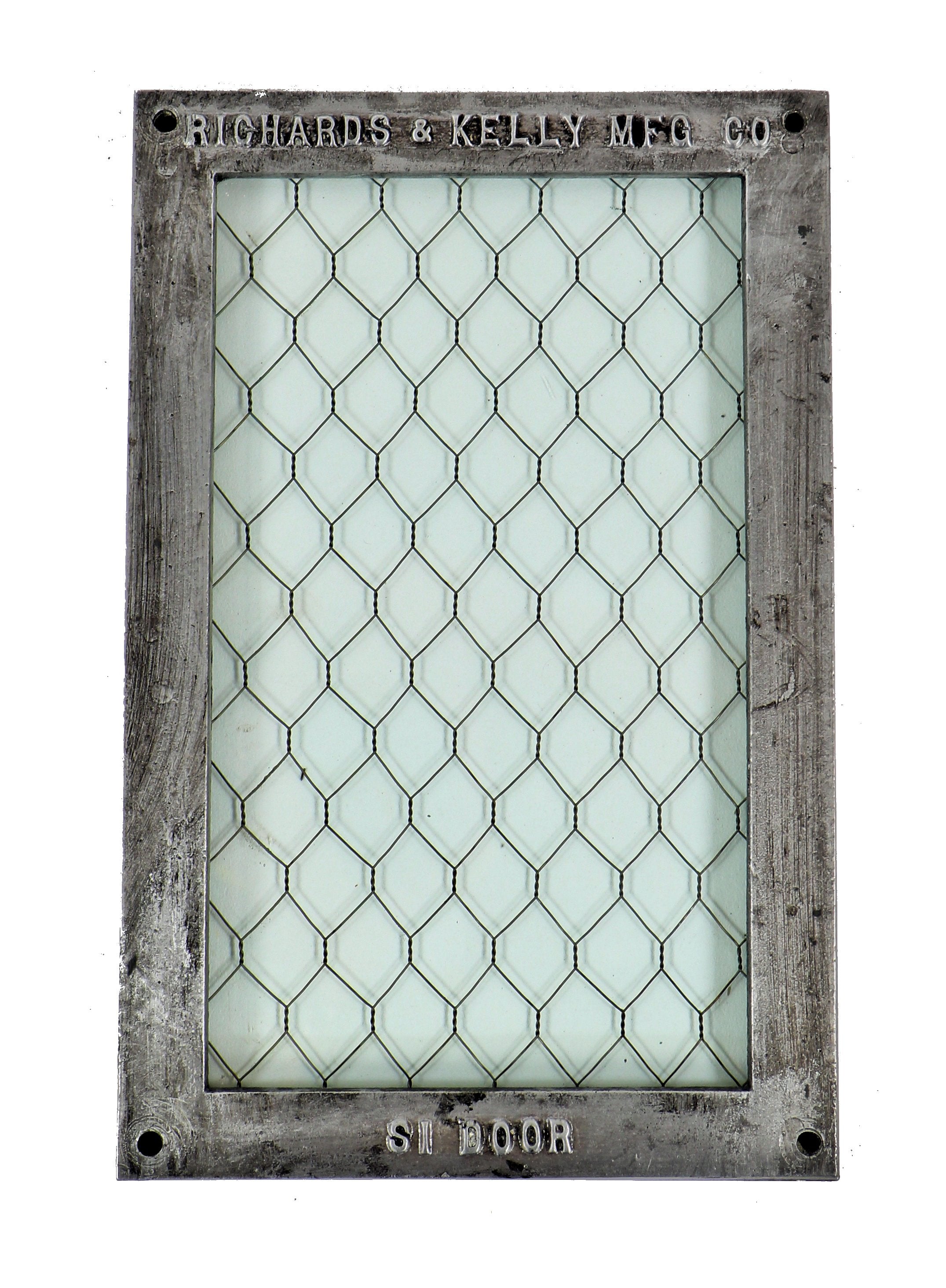 original c. 1910-15 antique american industrial intact freight elevator diminutive bi-fiold door window or portal with thick "chicken wire" glass