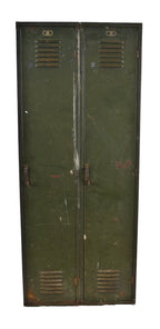 two interconnected c. 1920's all original american antique "berloy steel" freestanding factory locker double-unit with baked-on olive green paint finish
