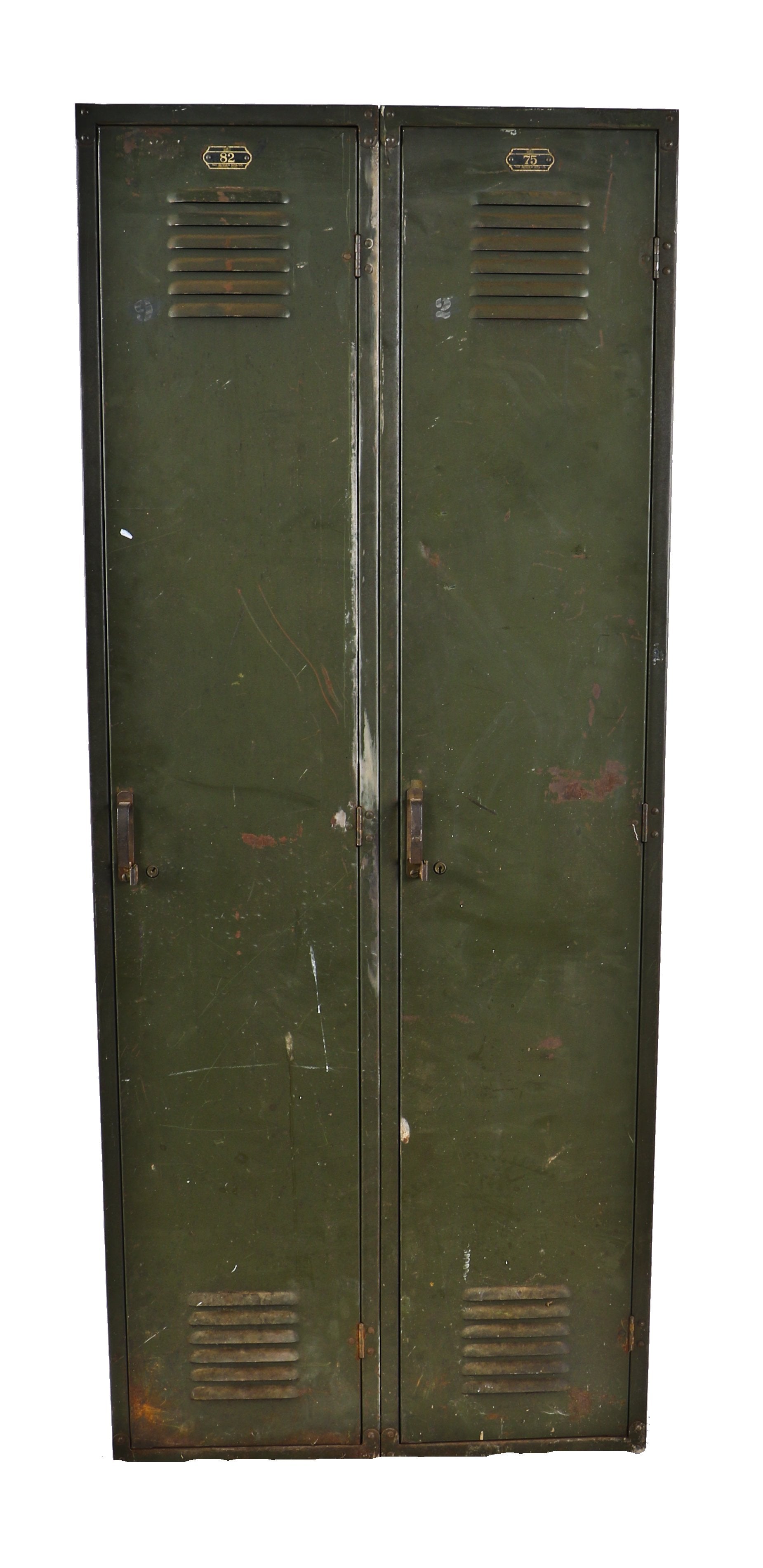 two interconnected c. 1920's all original american antique "berloy steel" freestanding factory locker double-unit with baked-on olive green paint finish