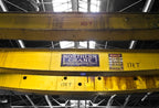 very rare and highly sought after single-sided oversized dark cobalt blue cold-rolled steel "northern crane" electric gantry crane hoist sign plaque