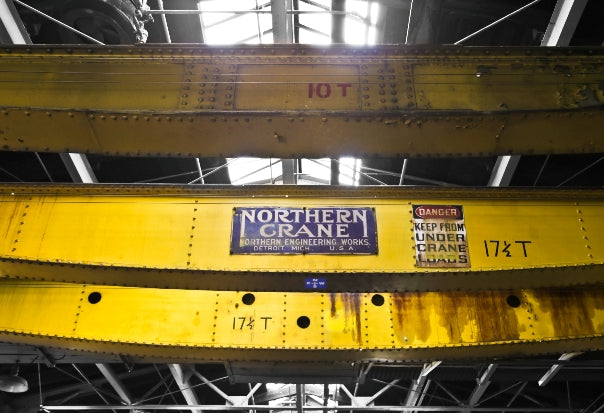 very rare and highly sought after single-sided oversized dark cobalt blue cold-rolled steel "northern crane" electric gantry crane hoist sign plaque