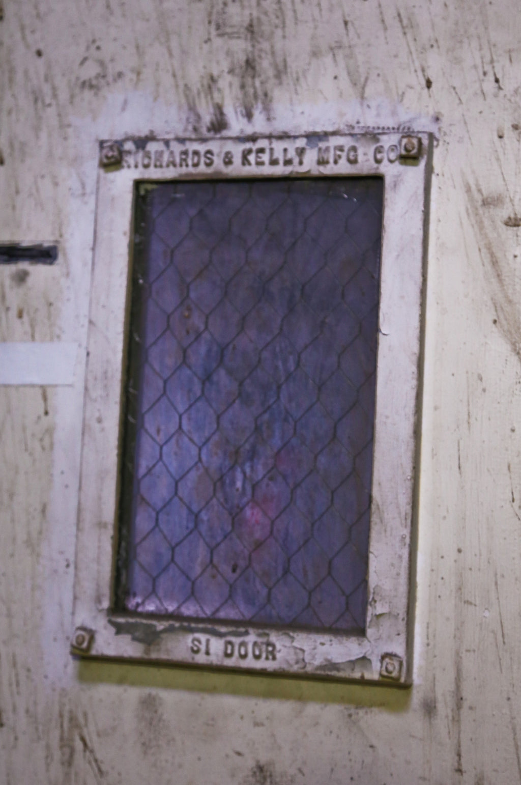 original c. 1910-15 antique american industrial intact freight elevator diminutive bi-fiold door window or portal with thick "chicken wire" glass