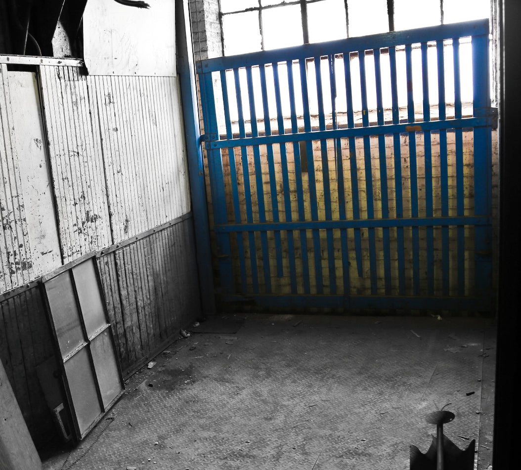 c. 1910-12 original antique american industrial blue-painted oversized a. finkl & sons foundry building sliding elevator safety oak wood slat or gate with original hardware