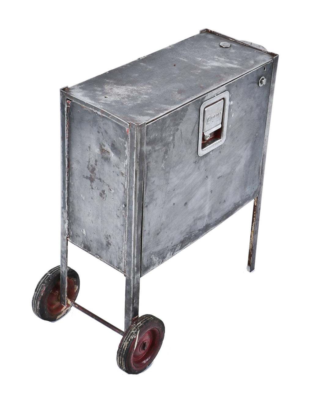 c. 1940's refinished vintage low-lying mobile american industrial cold-rolled steel "warner" cabinet with drop-down door and hardened black rubber wheels