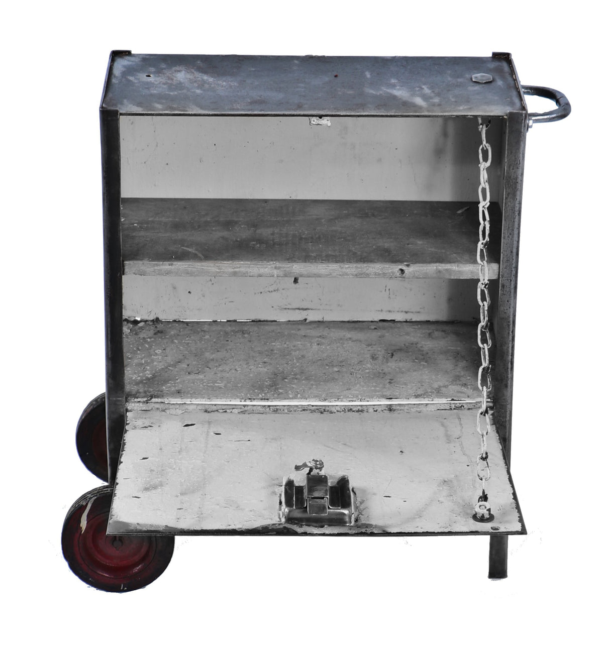 c. 1940's refinished vintage low-lying mobile american industrial cold-rolled steel "warner" cabinet with drop-down door and hardened black rubber wheels