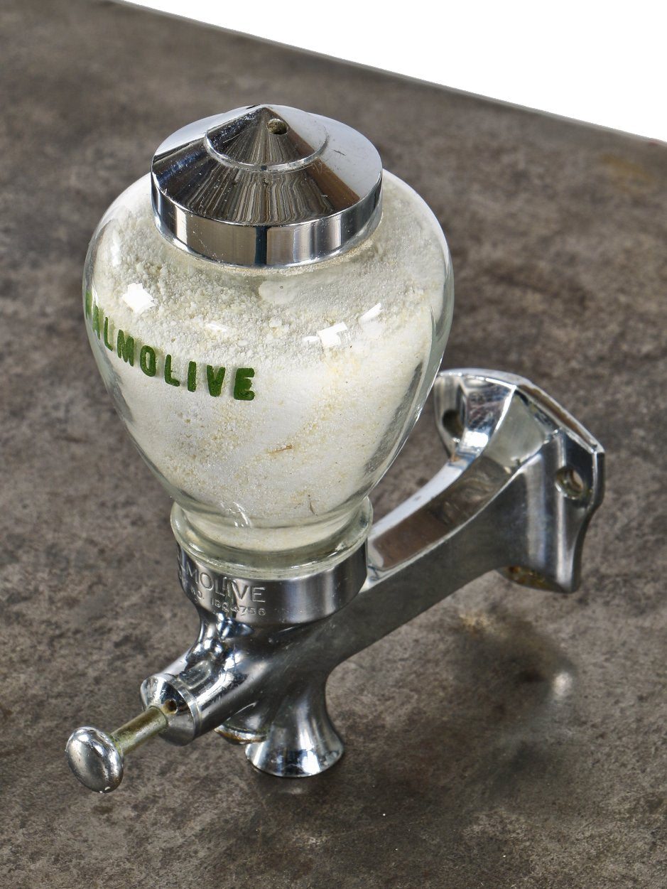 fully functional single-pump action c. 1930's american industrial wall-mount commercial building lavatory "palmolive" brand soap dispenser