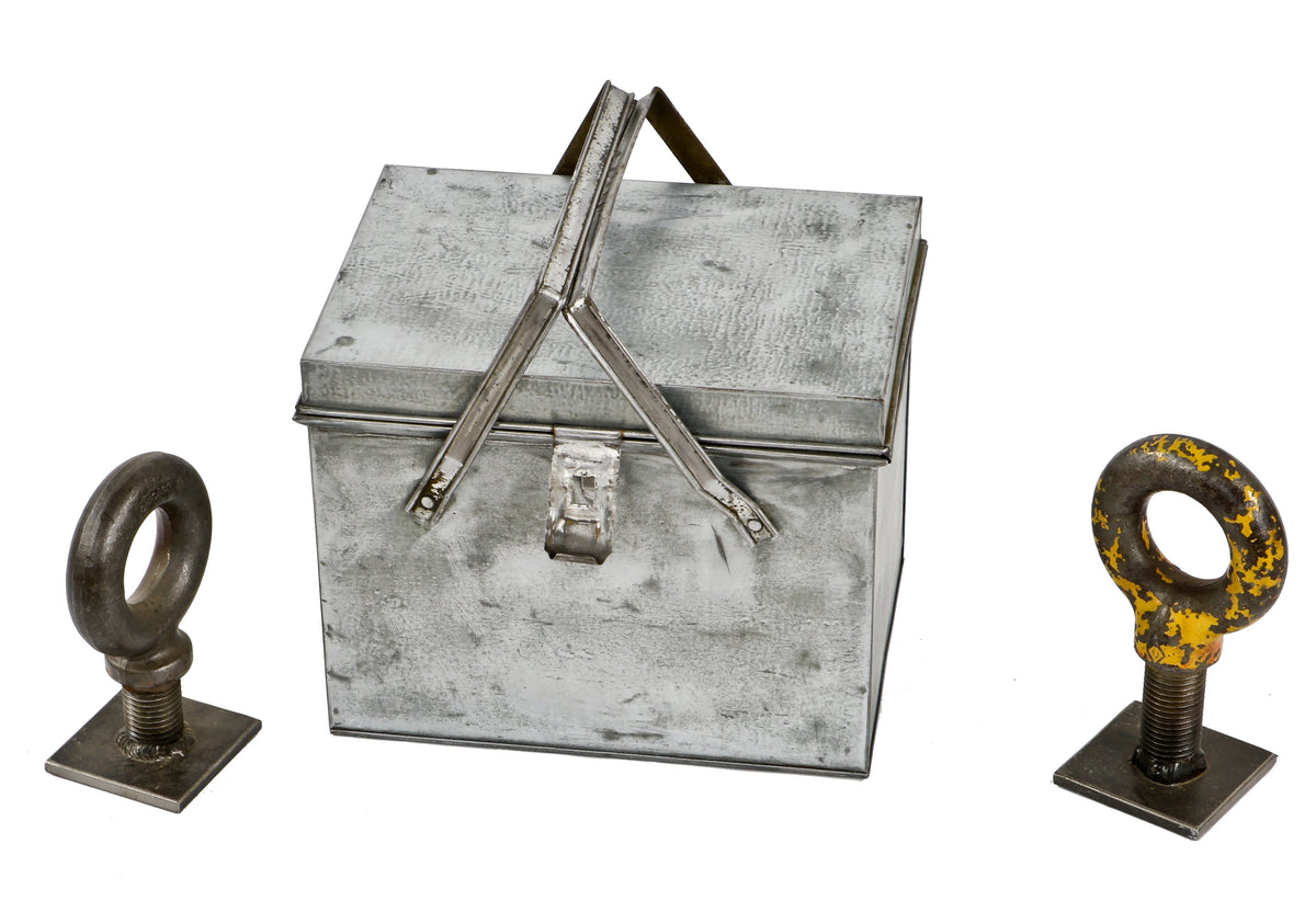 refinished c. 1930's american antique industrial pressed and folded steel "family size" portable lunch pail or box with intact pivoting handles and lockable hasp