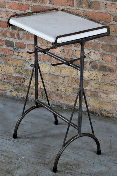 unusual early 1920's antique american medical stationary hospital robust tubular steel operating room work stand with original "sani" white vitreous enameled iron tabletop