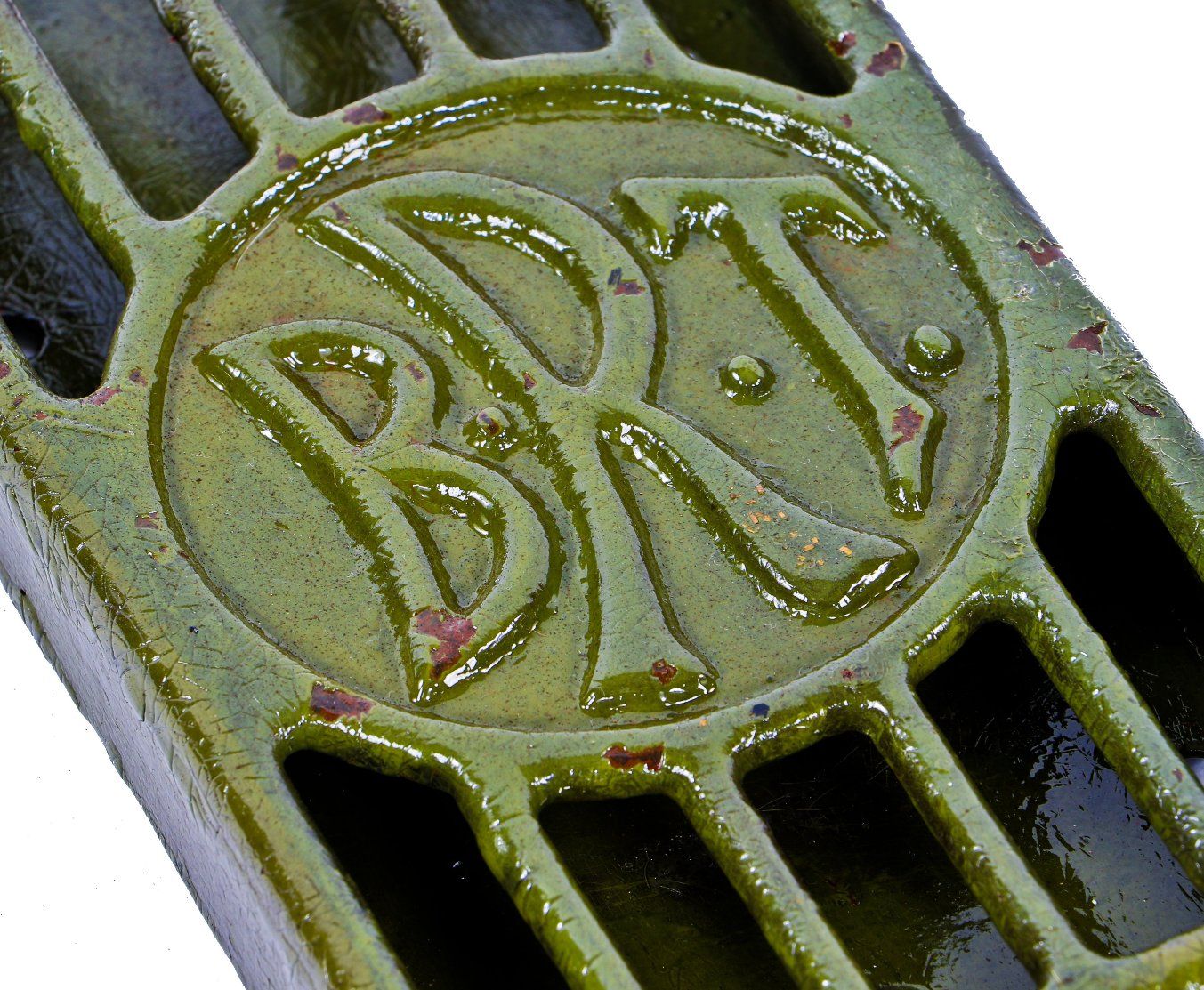 exceptionally rare original early 20th century brooklyn rapid transit ornamental cast iron wall mount single slot map holder with an allover crazed green paint finish