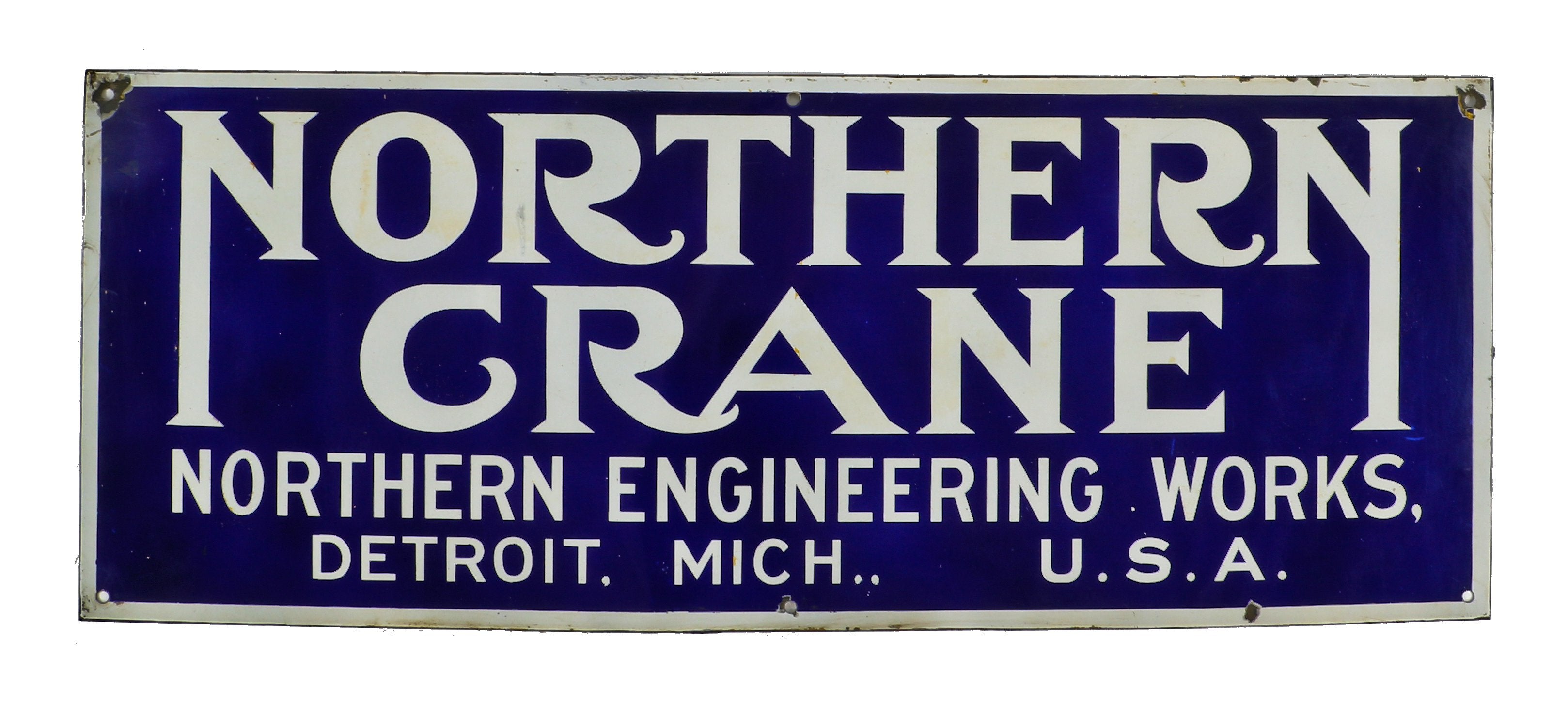 very rare and highly sought after single-sided oversized dark cobalt blue cold-rolled steel "northern crane" electric gantry crane hoist sign plaque