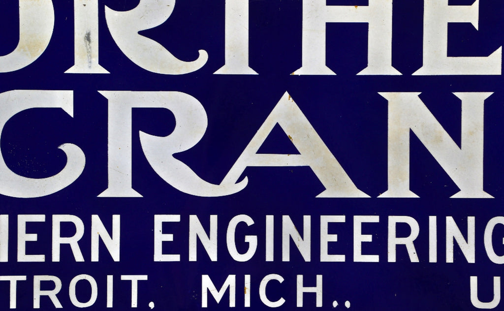 very rare and highly sought after single-sided oversized dark cobalt blue cold-rolled steel "northern crane" electric gantry crane hoist sign plaque